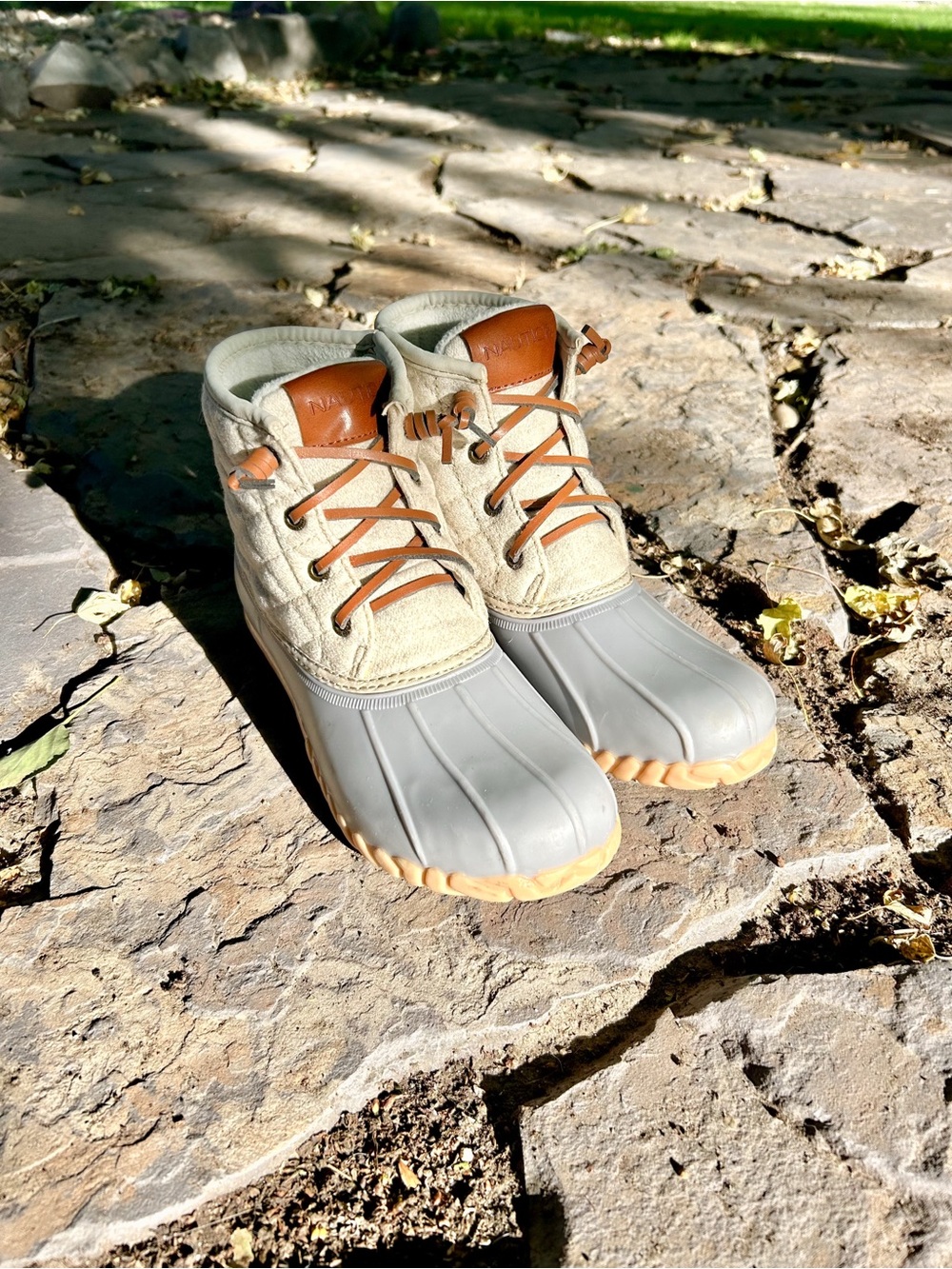 Nautica Wooley Quilted Duck Boots - Cream, Gray - Waterproof /Winter - Size 7